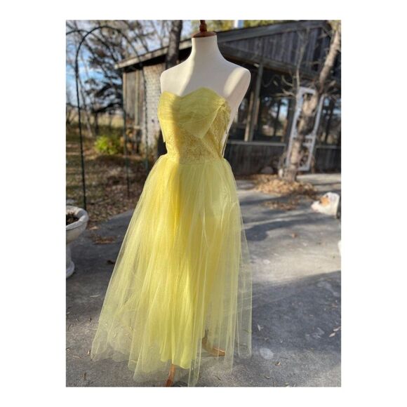 1950s Yellow Formal Dress Matching Bolero Lace Tulle Prom Wedding - Picture 3 of 16